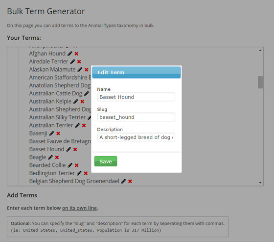 Bulk Term Generator - редактирование списка категорий